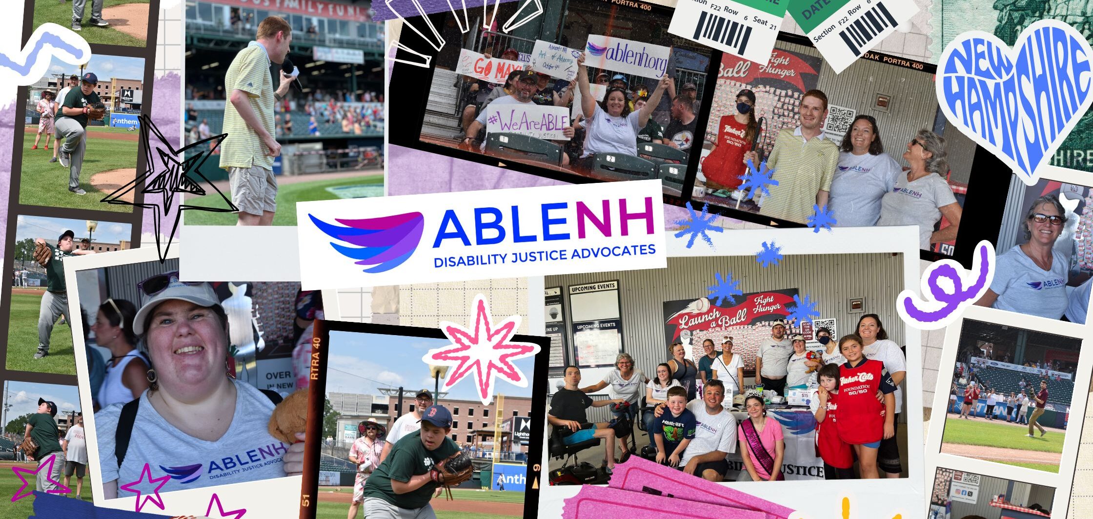 Photo collage of ABLE NH staff, members, and friends at a Baseball game